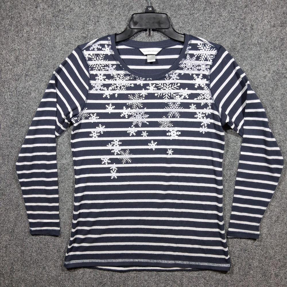 Christopher & Banks Womens Navy White Striped Snowflake Beaded Top S Long Slv